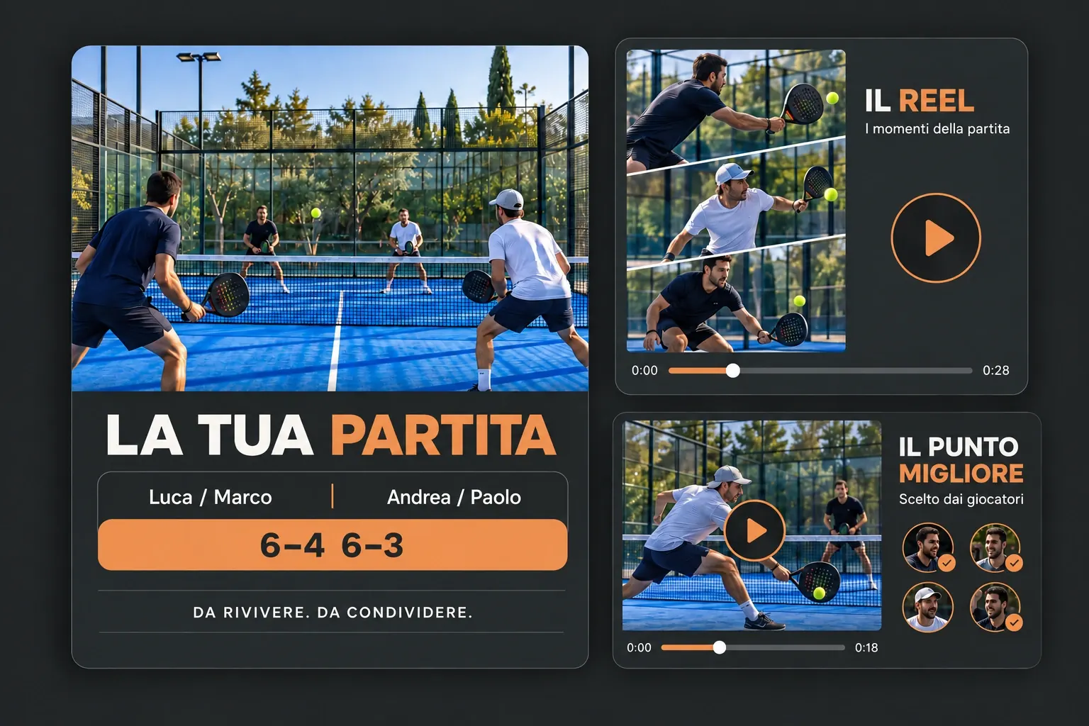 Illustrative examples: a match card with players and score, a reel of the match moments and the best point chosen by the players