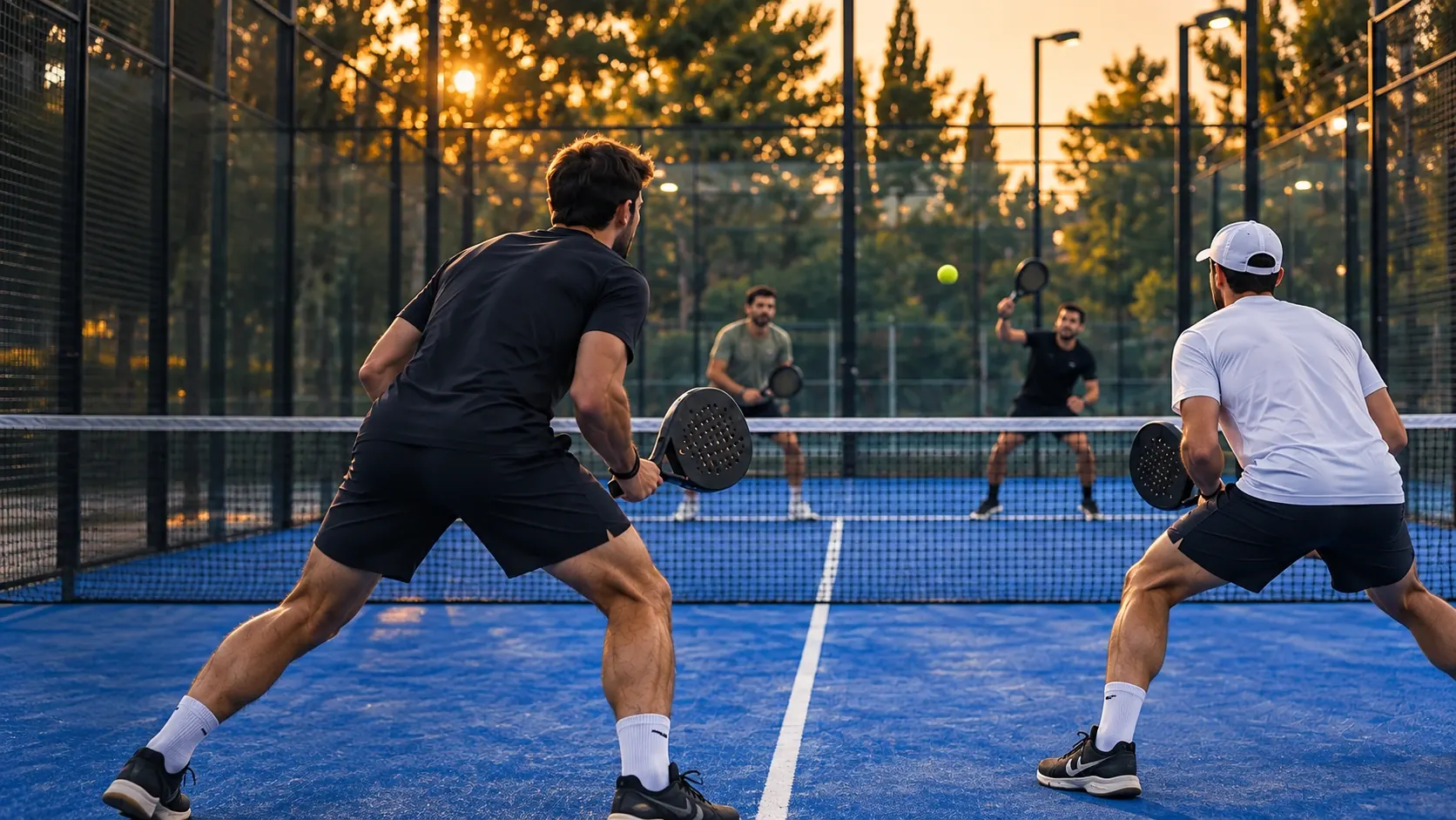 Four players during a rally on a padel court at sunset